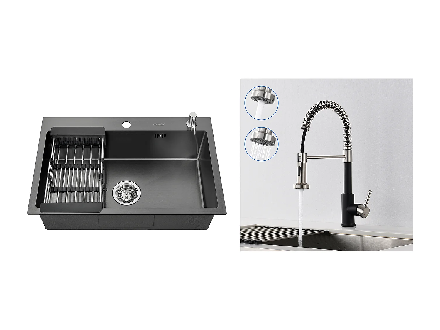 Lavello Cucina Nero 68x45x19CM con Distruttore di Sapone e Scolapiatti Cestino + Rubinetto Cucina Molla con Doccia Estensibile,2 Modalità,Nero