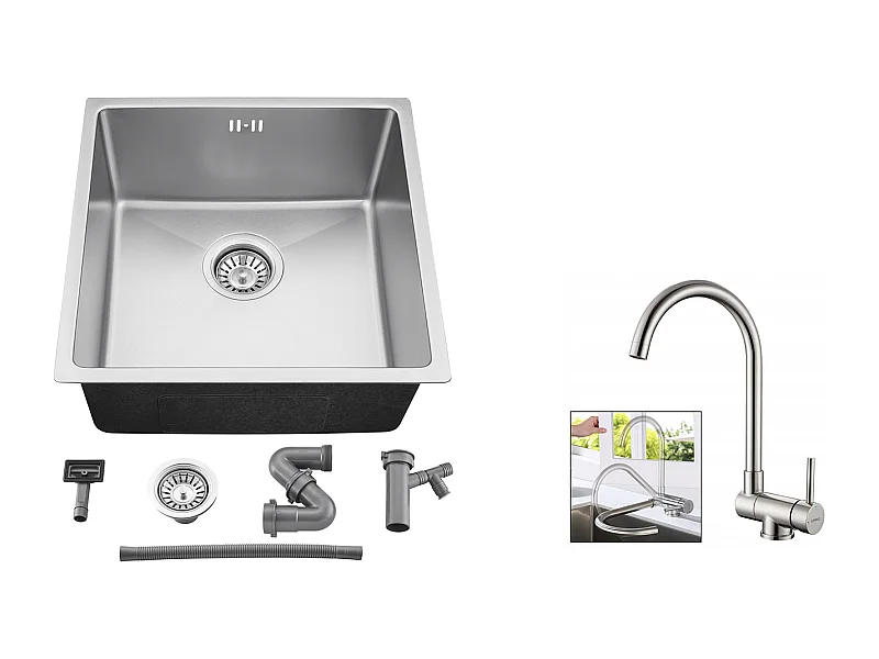 Fregadero Empotrado 44x44x20CM-Fregadero Cocina 1 Bandeja Inoxidable 304,Plata+Mezclador Cocina Plegable Giratorio 360° Agua Fría Caliente,ModeloUE