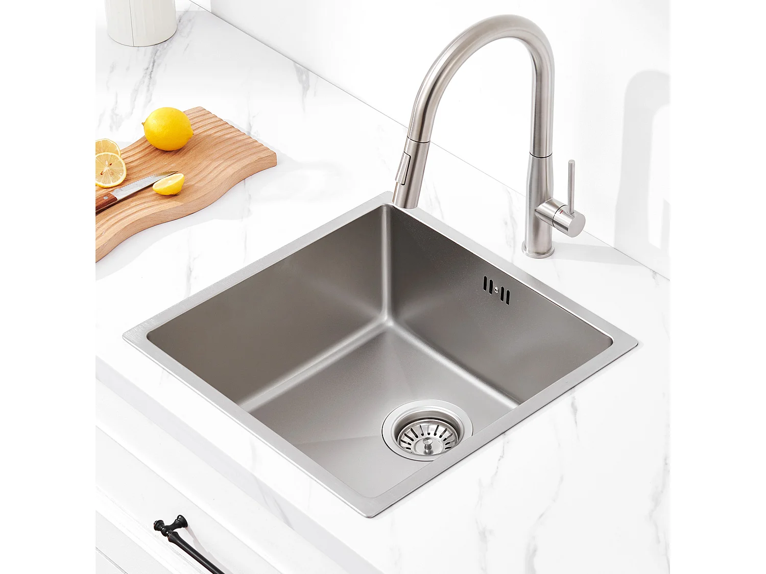 AuraLum Max Inbouwspoelbak 44x44x20CM-Spoelbak 1 Bak IRoestvrij 304, Zilver+ Keukenmengkraan Opklapbaar 360° Draaibaar Koud Water Warm, EU Model