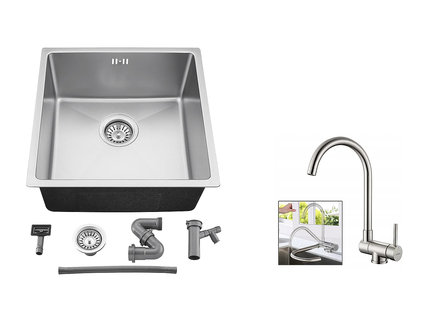 AuraLum Max Évier Encastré 44x44x20CM-Évier Cuisine 1 Bac Inoxydable 304,Argent+Mitigeur Cuisine Rabattable Pivotant 360° Eau froid Chaud,EU Modèle