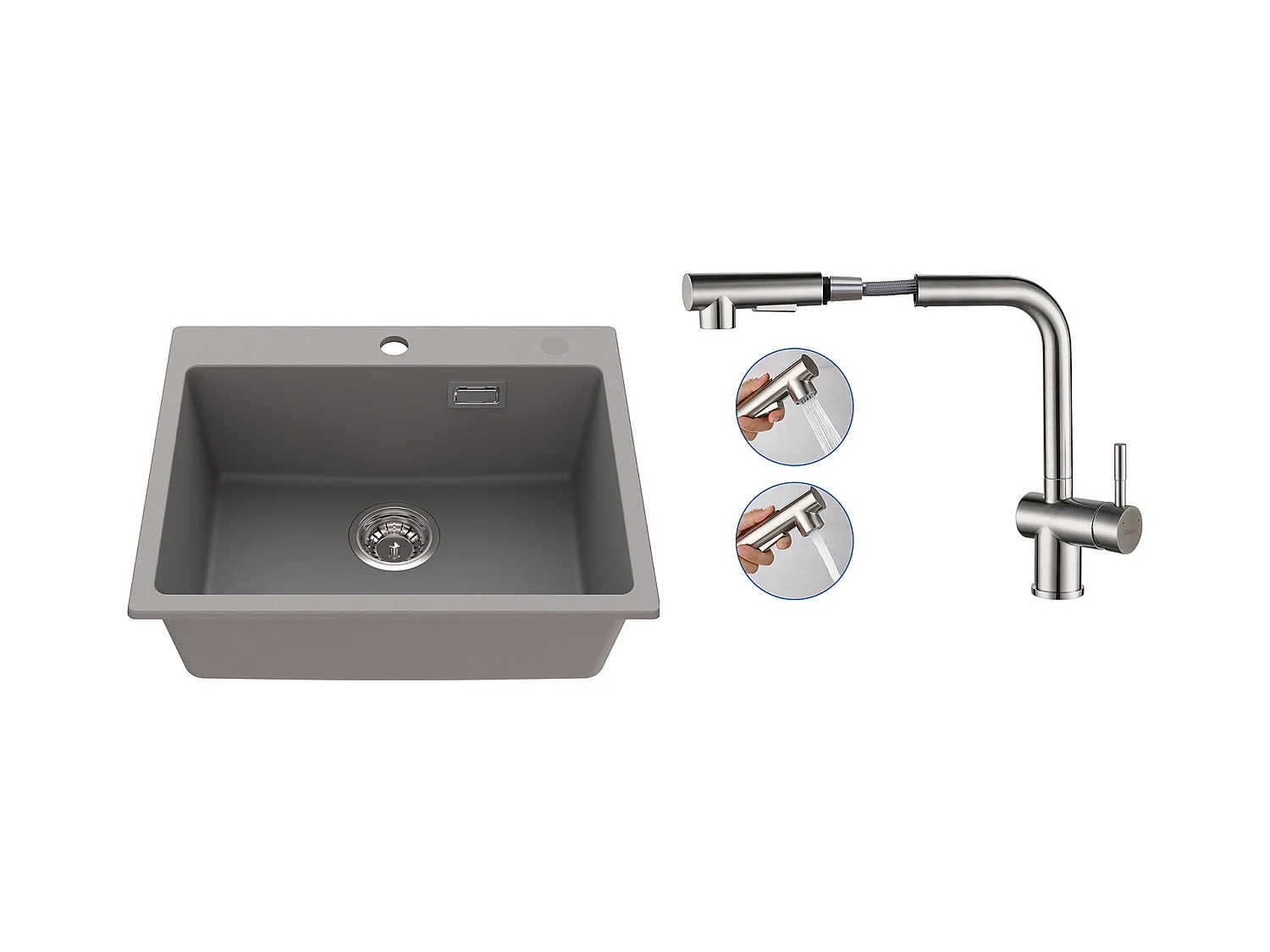1 Bac Évier Cuisine en Granit,55*45*20cm,Kit de Vidage,Gris+Robinet Cuisine Douchette Extractible Deux Jets Pivotant 360°