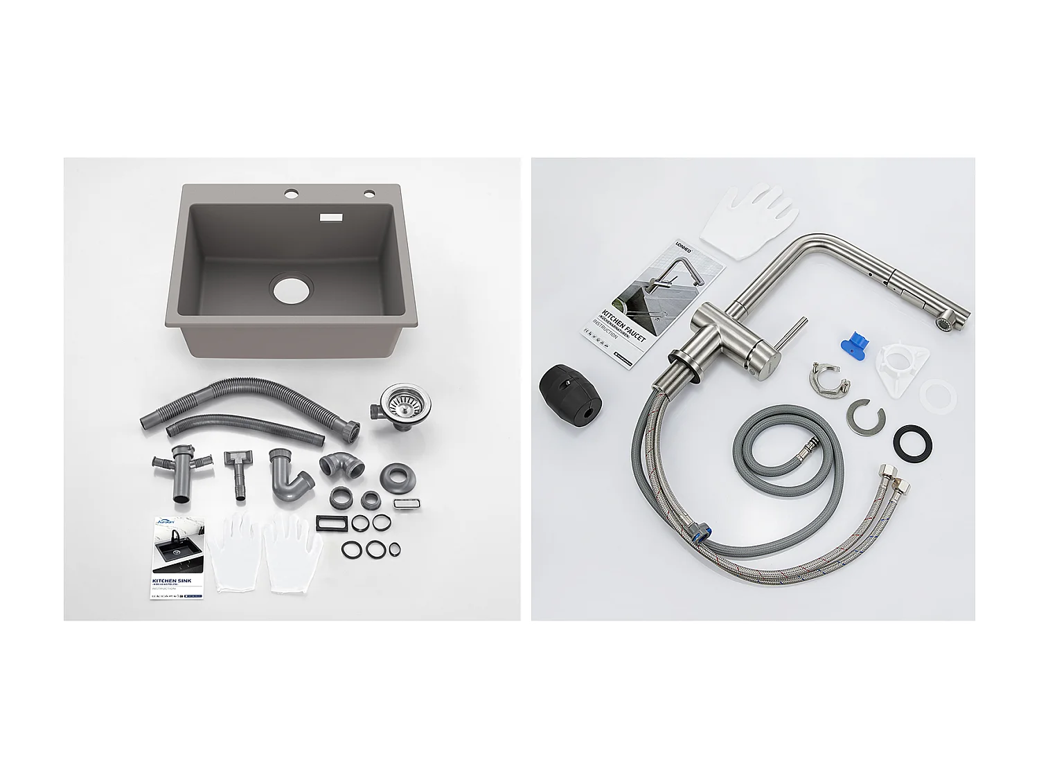 1 Bac Évier Cuisine en Granit,55*45*20cm,Kit de Vidage,Gris+Robinet Cuisine Douchette Extractible Deux Jets Pivotant 360°