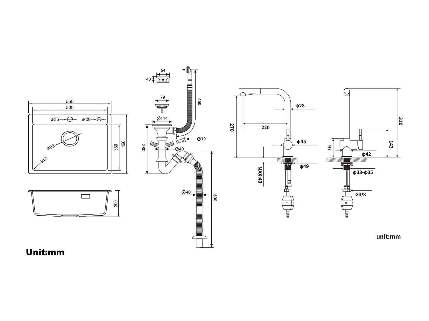 1 Bac Évier Cuisine en Granit,55*45*20cm,Kit de Vidage,Gris+Robinet Cuisine Douchette Extractible Deux Jets Pivotant 360°