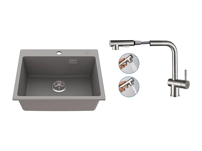 1 Bac Évier Cuisine en Granit,55*45*20cm,Kit de Vidage,Gris+Robinet Cuisine Douchette Extractible Deux Jets Pivotant 360°