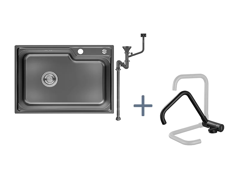 Auralum Max Évier Cuisine 1 Bac 62*45*21CM,en Inox PVD Nano Vasque à Poser,Noir+Mitigeur Cuisine Rabattable Pivotant 360° Eau froid Chaud,Noir