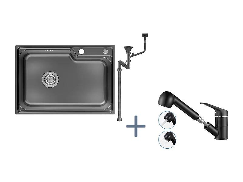 Auralum Max Évier Cuisine 1 Bac 62*45*21CM,en Inox PVD Nano Vasque à Poser,Noir+Mitigeur Cuisine avec Douchette Extractible Rotatif 360°,Noir