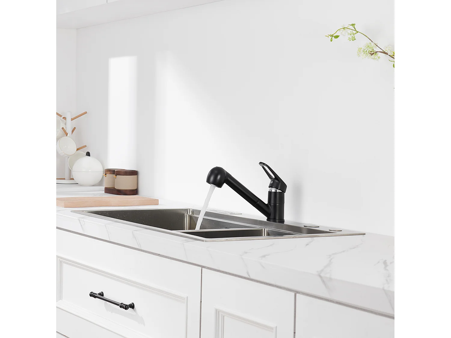 Auralum Max Évier Cuisine 1 Bac 62*45*21CM,en Inox PVD Nano Vasque à Poser,Noir+Mitigeur Cuisine avec Douchette Extractible Rotatif 360°,Noir