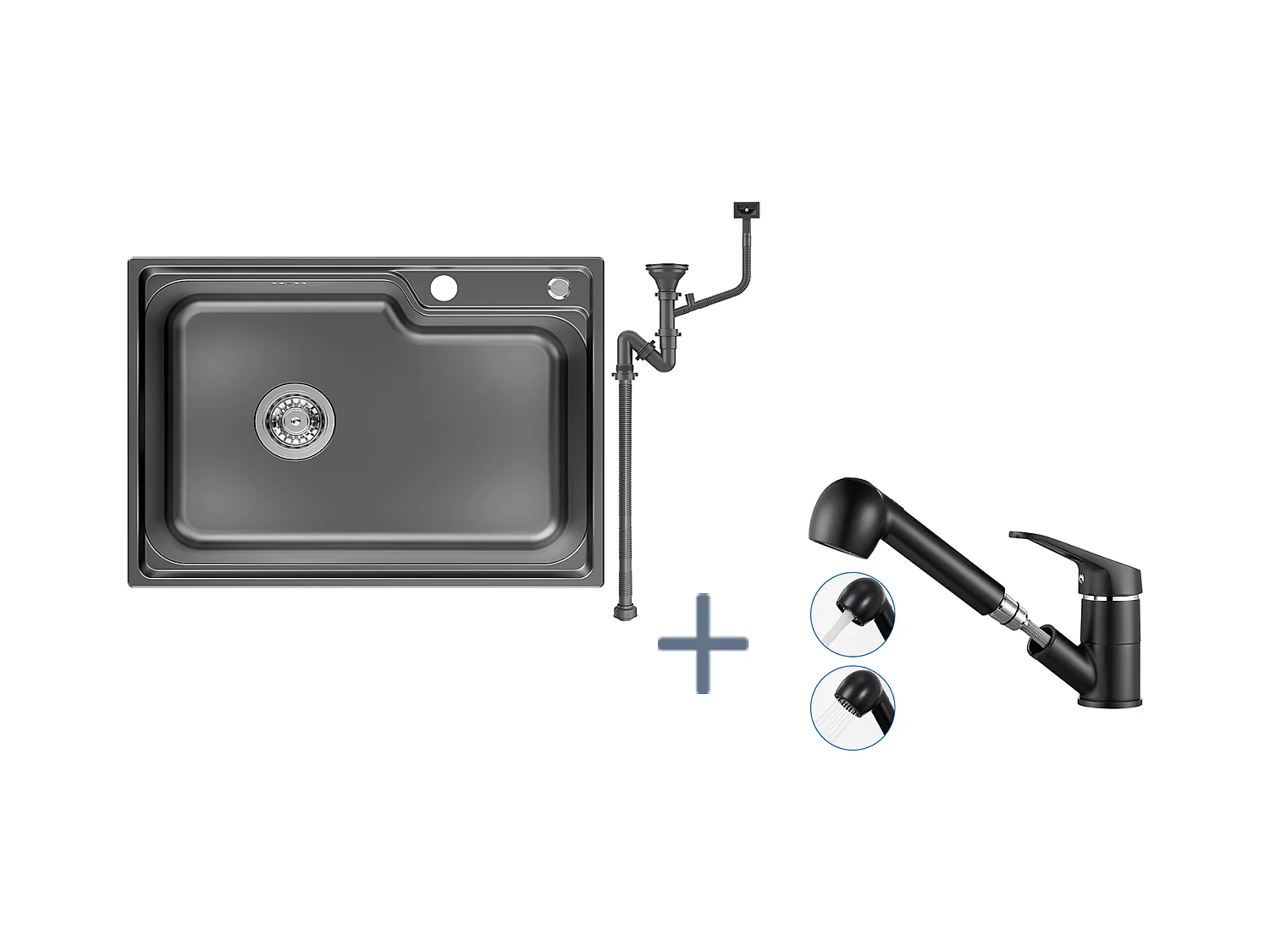Auralum Max Évier Cuisine 1 Bac 62*45*21CM,en Inox PVD Nano Vasque à Poser,Noir+Mitigeur Cuisine avec Douchette Extractible Rotatif 360°,Noir