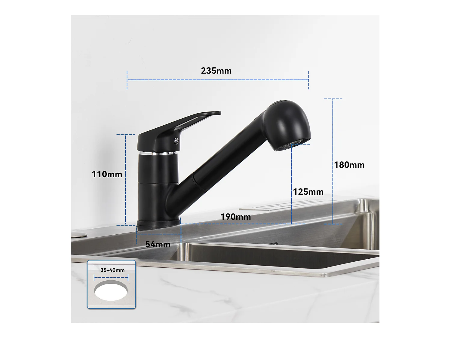 Auralum Max Aanrecht 1 Bak 62*45*21CM, in RVS PVD Nano Opbouw Wastafel, Zwart + Keukenmengkraan met 360° Draaibare Uittrekbare Douche, Zwart