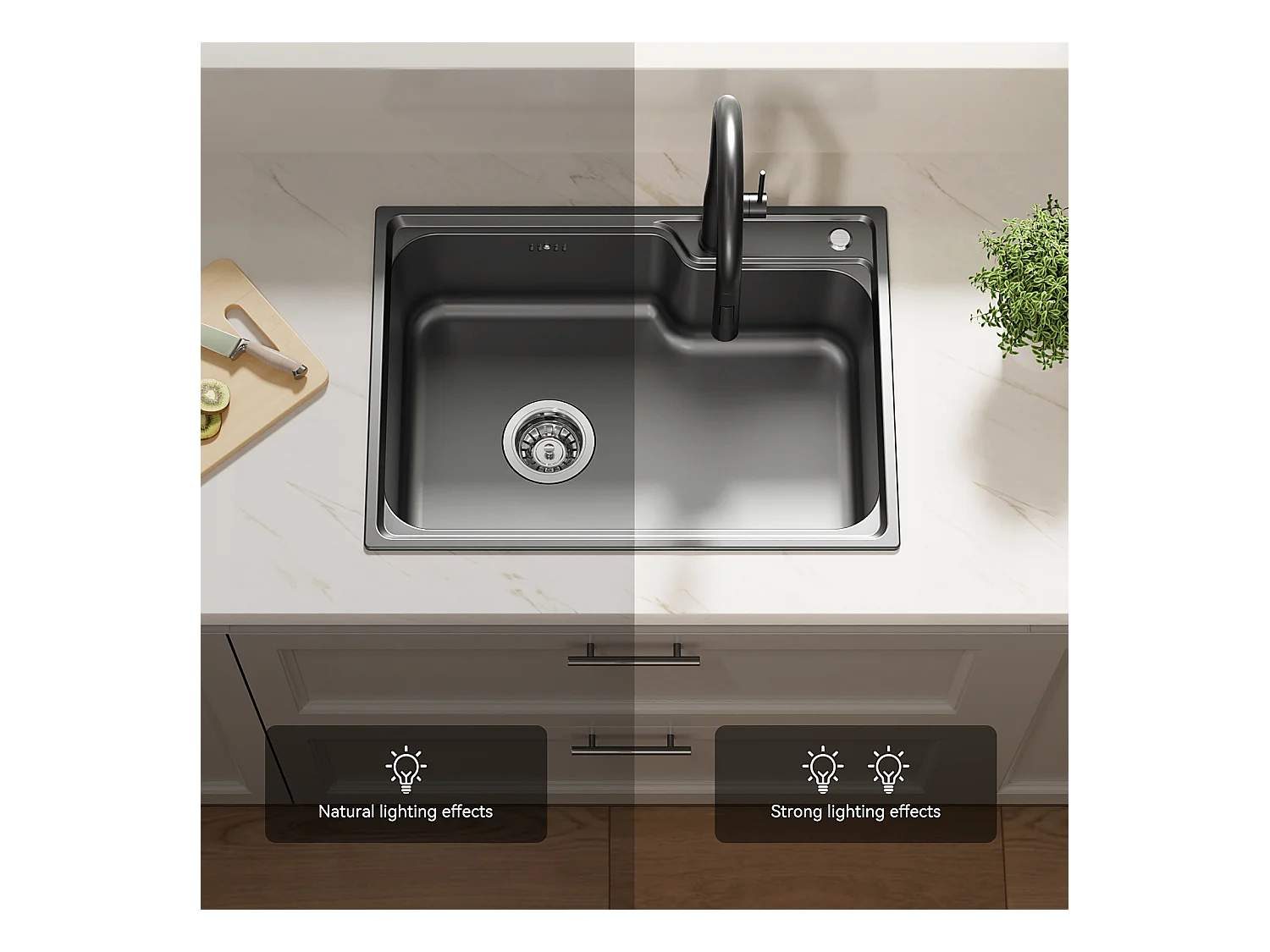 Auralum Max Aanrecht 1 Bak 62*45*21CM, in RVS PVD Nano Opbouw Wastafel, Zwart + Keukenmengkraan met 360° Draaibare Uittrekbare Douche, Zwart