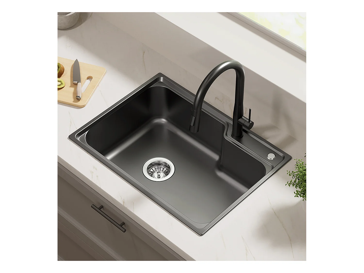 Auralum Max Aanrecht 1 Bak 62*45*21CM, in RVS PVD Nano Opbouw Wastafel, Zwart + Keukenmengkraan met 360° Draaibare Uittrekbare Douche, Zwart