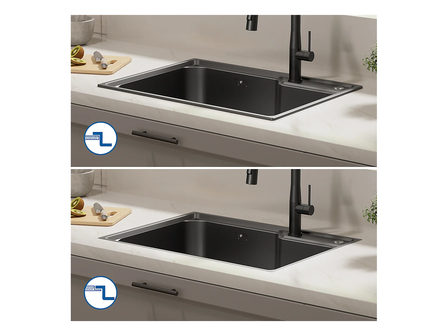 Auralum Max Aanrecht 1 Bak 62*45*21CM, in RVS PVD Nano Opbouw Wastafel, Zwart + Keukenmengkraan met 360° Draaibare Uittrekbare Douche, Zwart
