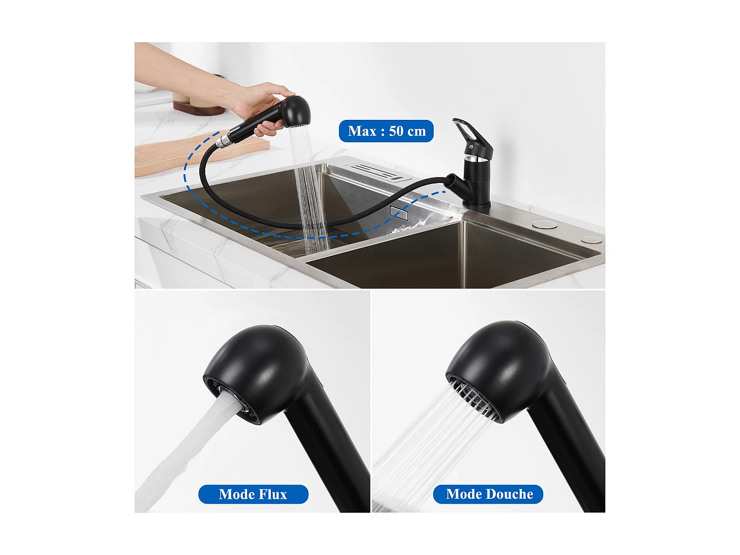 Auralum Max Aanrecht 1 Bak 62*45*21CM, in RVS PVD Nano Opbouw Wastafel, Zwart + Keukenmengkraan met 360° Draaibare Uittrekbare Douche, Zwart