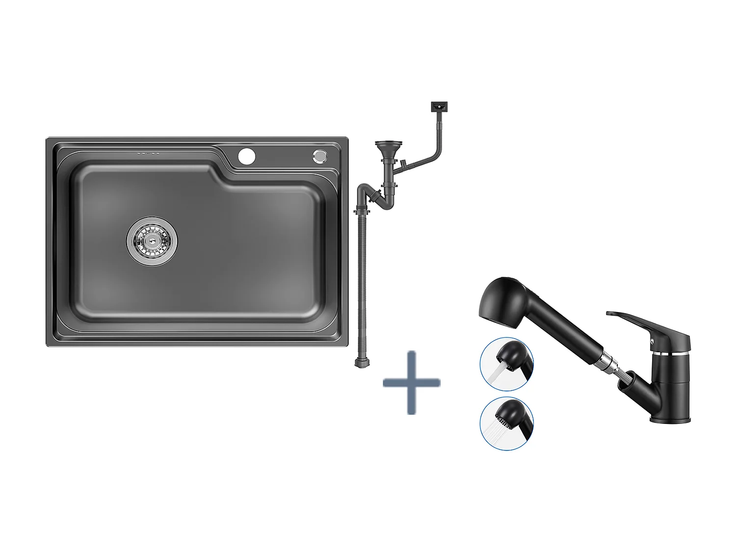 Auralum Max Évier Cuisine 1 Bac 62*45*21CM,en Inox PVD Nano Vasque à Poser,Noir+Mitigeur Cuisine avec Douchette Extractible Rotatif 360°,Noir