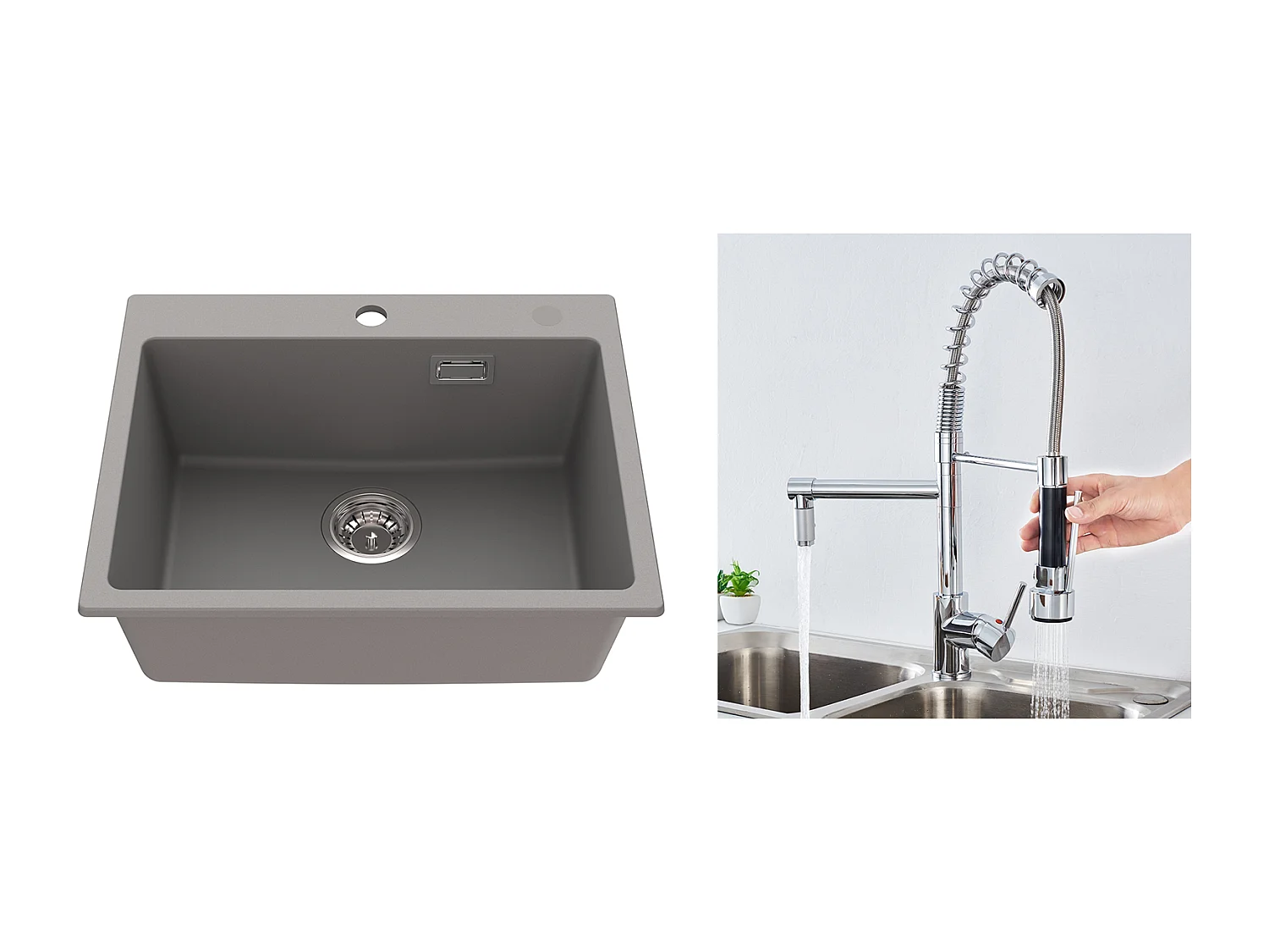 1 Bac Évier Cuisine en Granit,55*45*20cm,Kit de Vidage,Gris+Robinet Cuisine Rotatif 360° Douchette Extractible