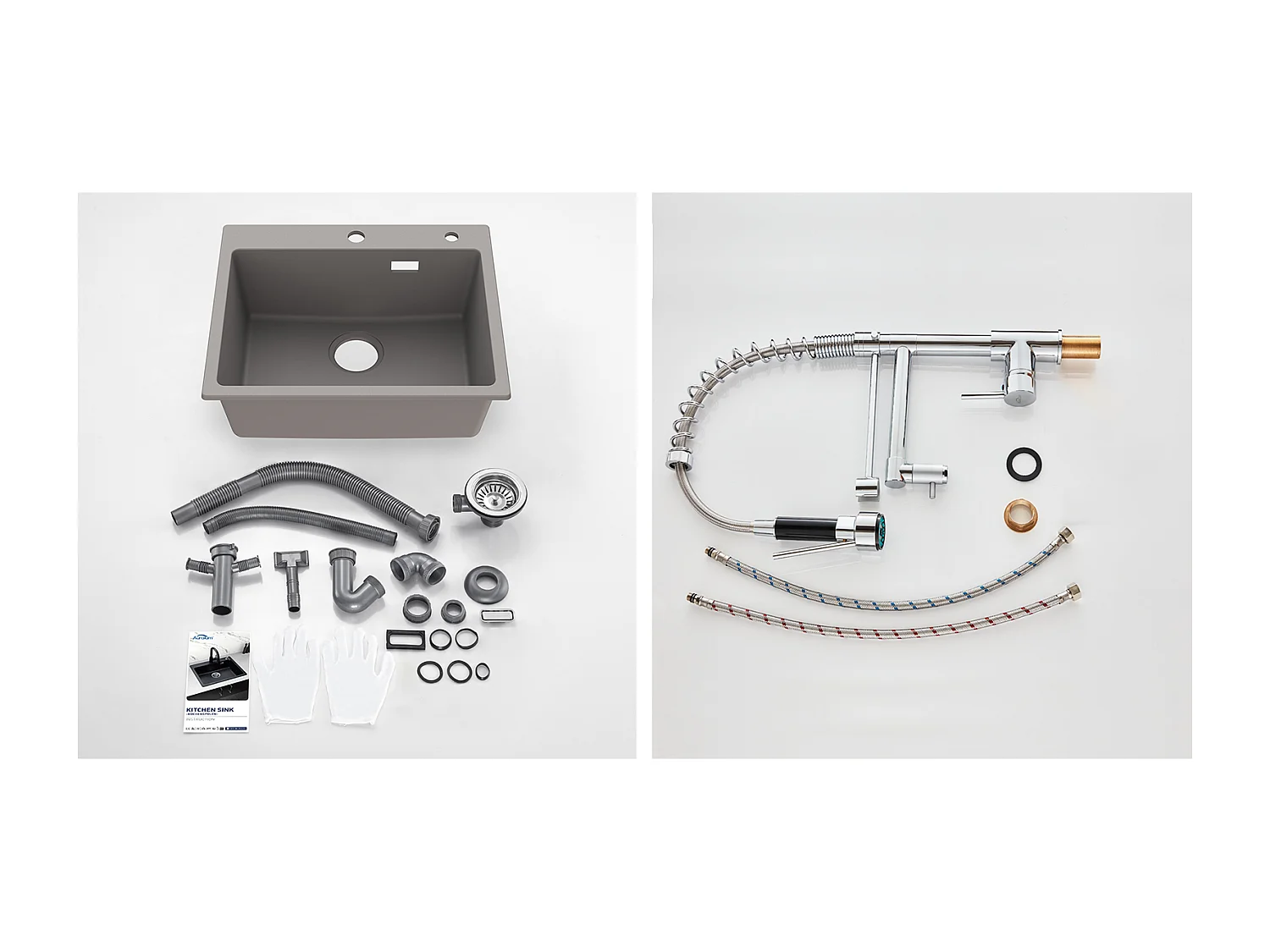 1 Bac Évier Cuisine en Granit,55*45*20cm,Kit de Vidage,Gris+Robinet Cuisine Rotatif 360° Douchette Extractible