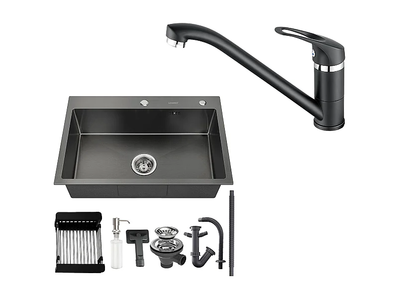 Évier Cuisine Noir 68x45x19CM,Distrubuteur savon/ Égouttoir panier+Robinet Cuisine,Orientable 360°,Eau Chaude/Froide,Noir