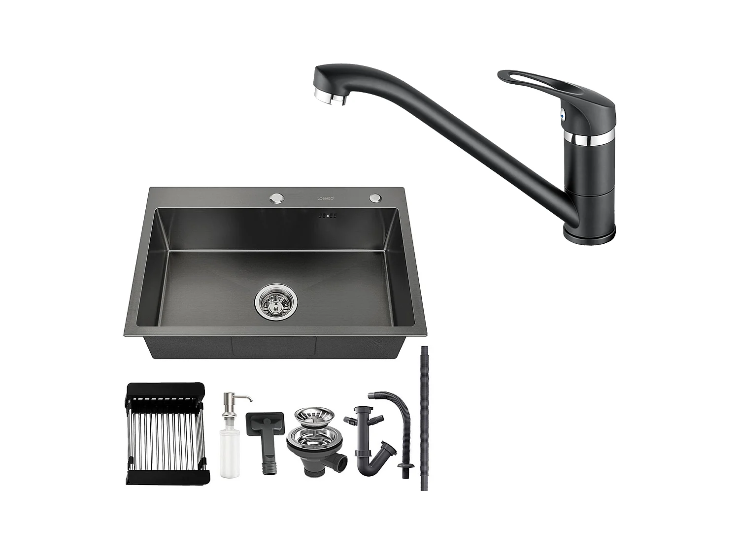Lavello Cucina Nero 68x45x19CM,Distributore di sapone/Scolapiatti cesto+Rubinetto Cucina,Orientabile 360°,Acaca calda/Fredda,Nero