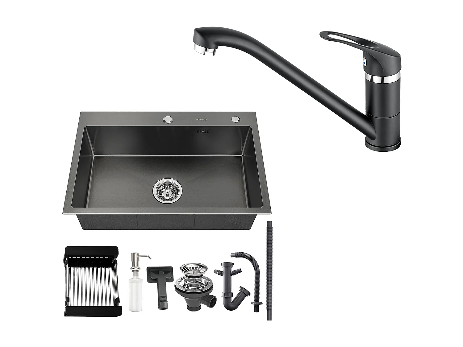 Fregadero Cocina Negro 68x45x19CM,Distributor Jabón/ Escurridor Cesta+Grifo Cocina,Orientable 360°,Agua Caliente/Fría,Negro