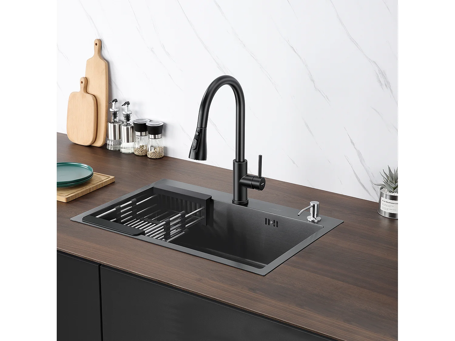 Fregadero Cocina Negro 68x45x19CM,Distributor Jabón/ Escurridor Cesta+Grifo Cocina,Orientable 360°,Agua Caliente/Fría,Negro