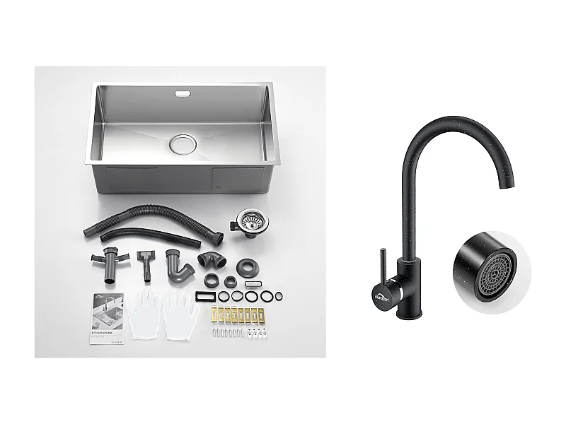 Fregadero Cocina 1 Bandeja 74*44*20CM 304 Inox Fregadero Cepillado con Sifón y Demasiado-Plein+Grifo Cocina Rotativo 360°Agua,Negro