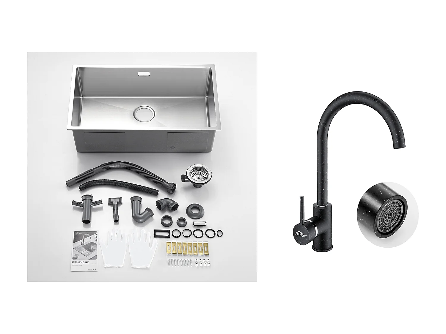 Évier Cuisine 1 Bac 74*44*20CM 304 Inox Évier Brossé avec Siphon et Trop-Plein+Robinet Cuisine Rotatif 360°Eau,Noir avec points blancs