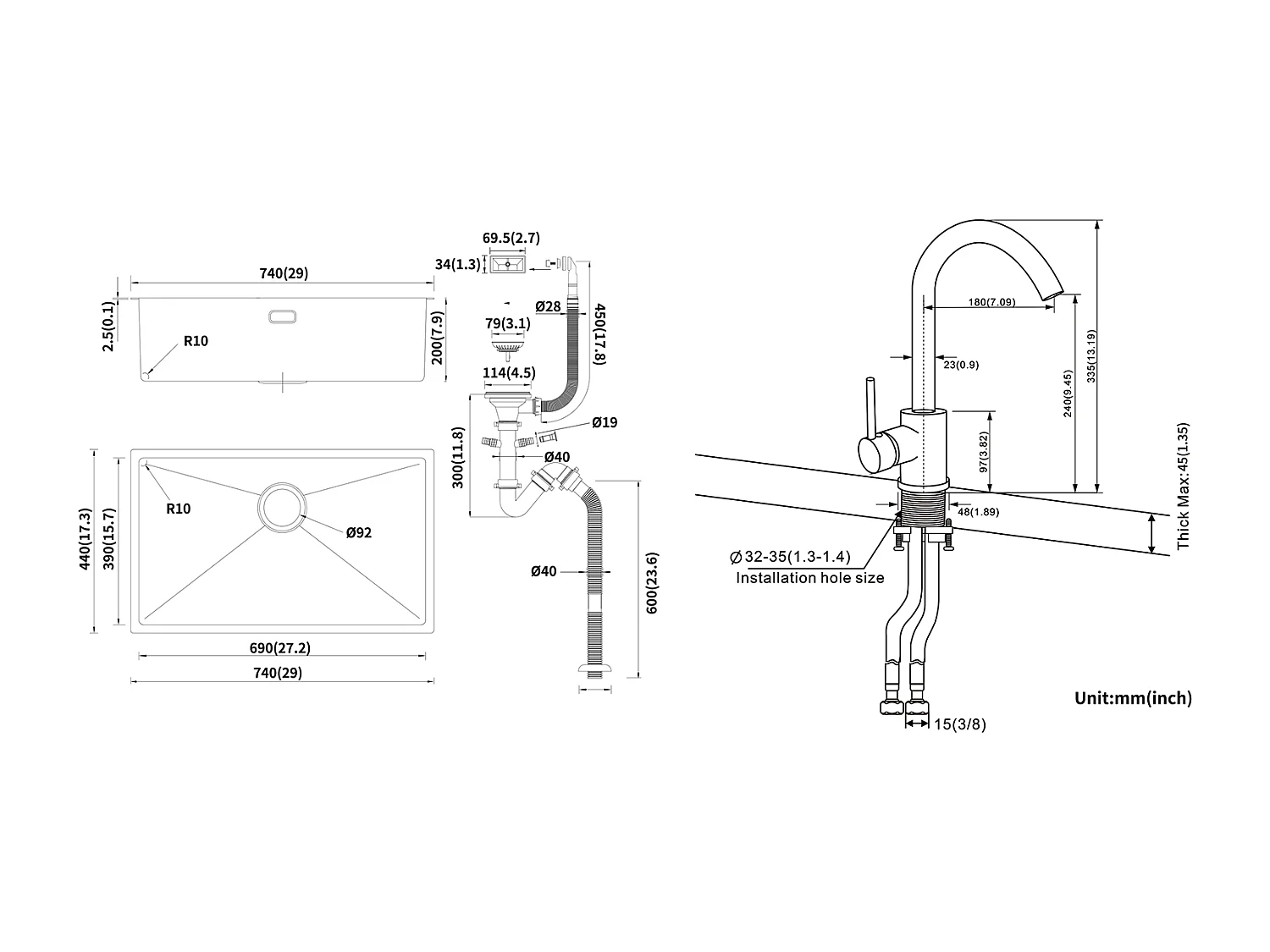 Évier Cuisine 1 Bac 74*44*20CM 304 Inox Évier Brossé avec Siphon et Trop-Plein+Robinet Cuisine Rotatif 360°Eau,Noir avec points blancs