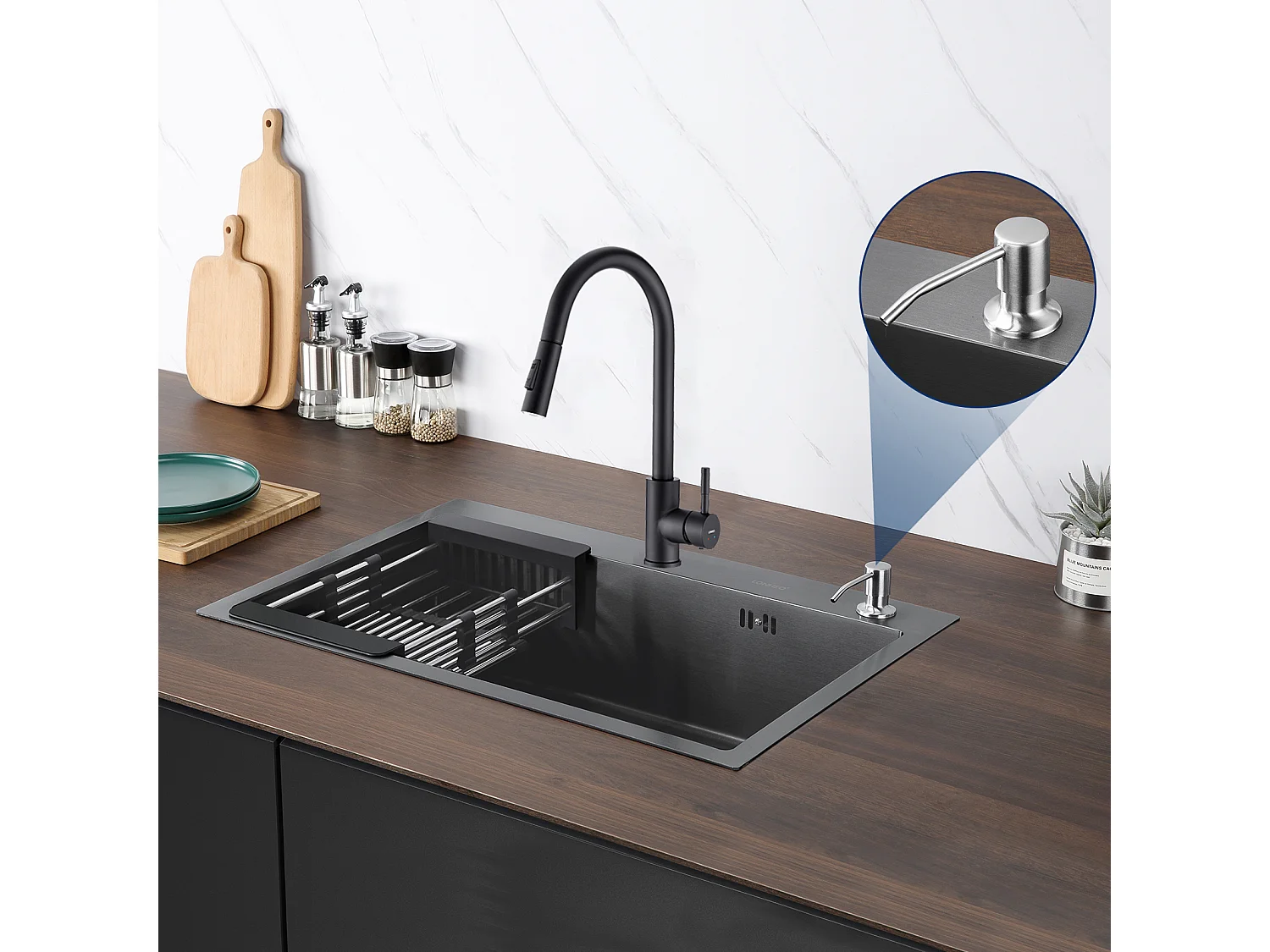 2 en 1 Fregadero de Cocina 68x45x19CM con Distributor de Jabón y Escurridor Cesta + Grifo de Cocina con Ducha Extraíble Negro