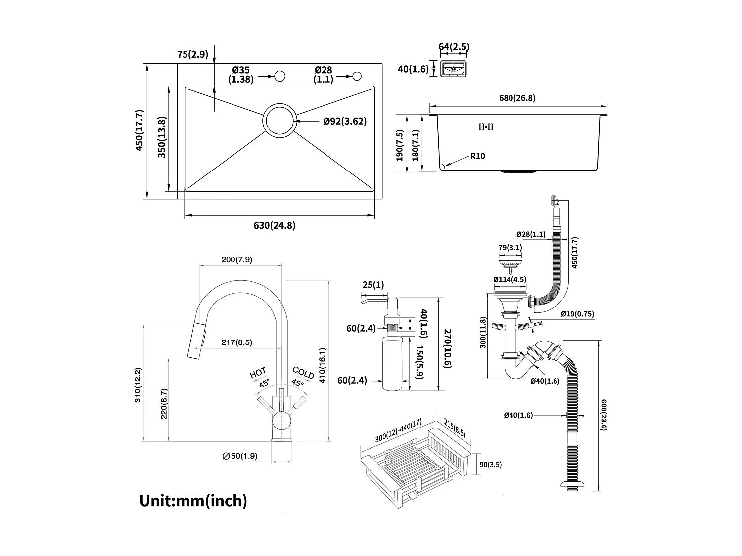 2 en 1 Fregadero de Cocina 68x45x19CM con Distributor de Jabón y Escurridor Cesta + Grifo de Cocina con Ducha Extraíble Negro