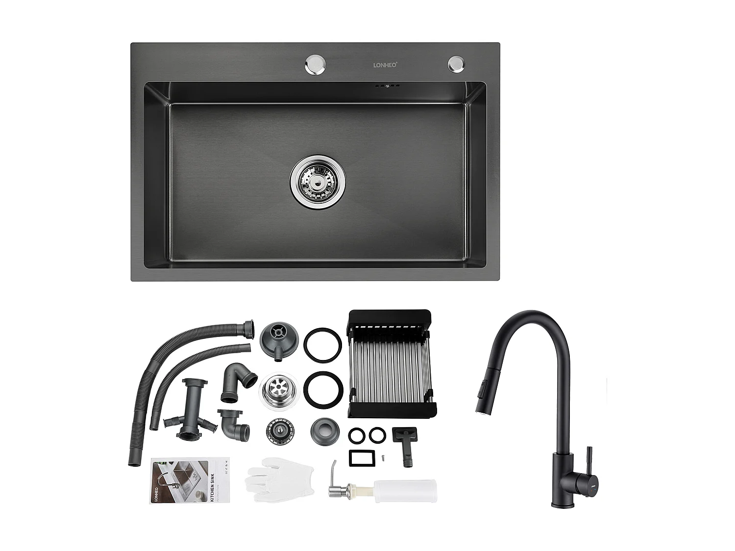 2 en 1 Fregadero de Cocina 68x45x19CM con Distributor de Jabón y Escurridor Cesta + Grifo de Cocina con Ducha Extraíble Negro