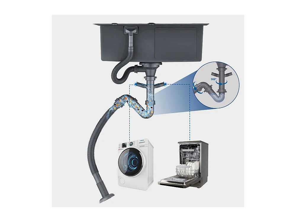 2 en 1 Fregadero de Cocina 68x45x19CM con Distributor de Jabón y Escurridor Cesta + Grifo de Cocina con Ducha Extraíble Negro