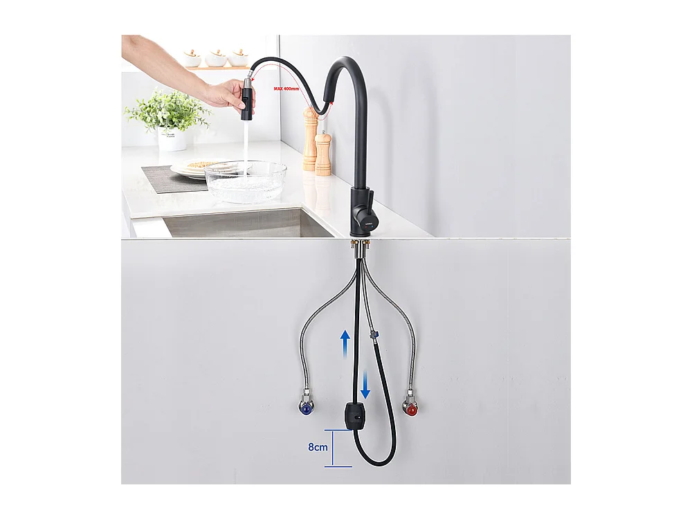 2 en 1 Fregadero de Cocina 68x45x19CM con Distributor de Jabón y Escurridor Cesta + Grifo de Cocina con Ducha Extraíble Negro