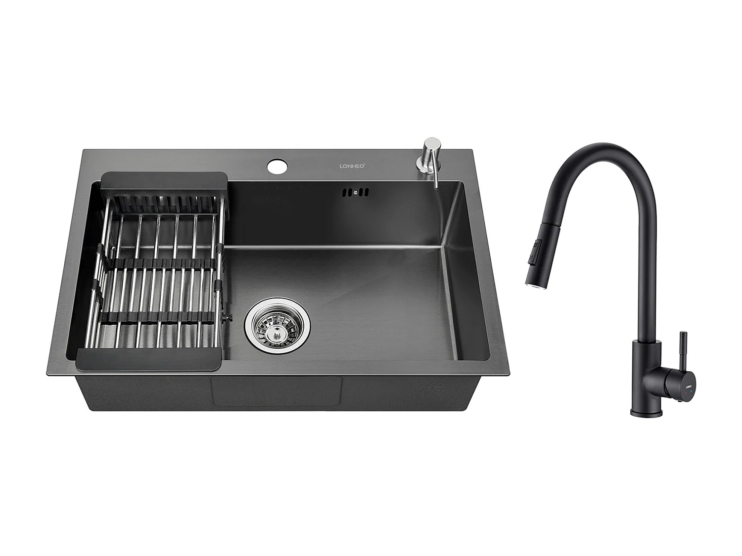 2 en 1 Évier de Cuisine 68x45x19CM avec Distrubuteur de savon et Égouttoir panier + Robinet de Cuisine avec Douchette Extractible Noir