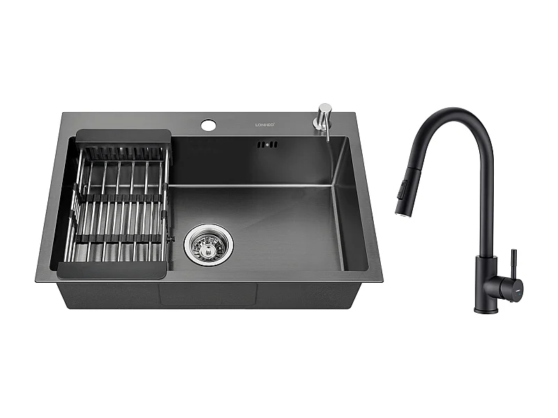 2 en 1 Évier de Cuisine 68x45x19CM avec Distrubuteur de savon et Égouttoir panier + Robinet de Cuisine avec Douchette Extractible Noir