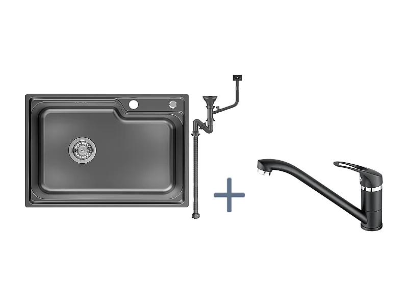 Auralum Max Évier Cuisine 1 Bac 62*45*21CM,en Inox PVD Nano Vasque à Poser,Noir+Robinet Cuisine,Orientable 360°,Eau Chaude/Froide,Noir