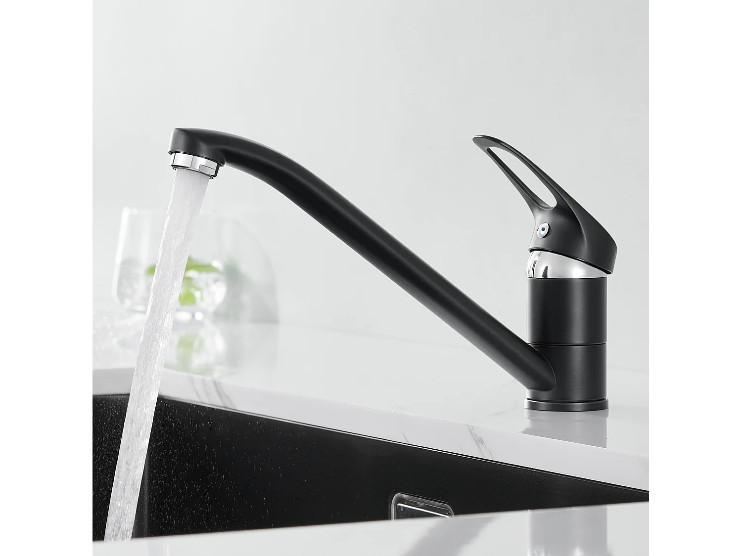 Auralum Max Évier Cuisine 1 Bac 62*45*21CM,en Inox PVD Nano Vasque à Poser,Noir+Robinet Cuisine,Orientable 360°,Eau Chaude/Froide,Noir