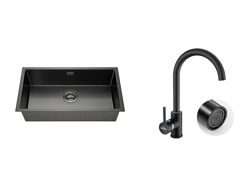 Évier Cuisine 1 Bac 74*44*20CM,en Inox Brossé avec Siphon et Trop-Pleinn+Robinet Cuisine Rotatif 360°Eau Froide Chaude Noir avec points blancs