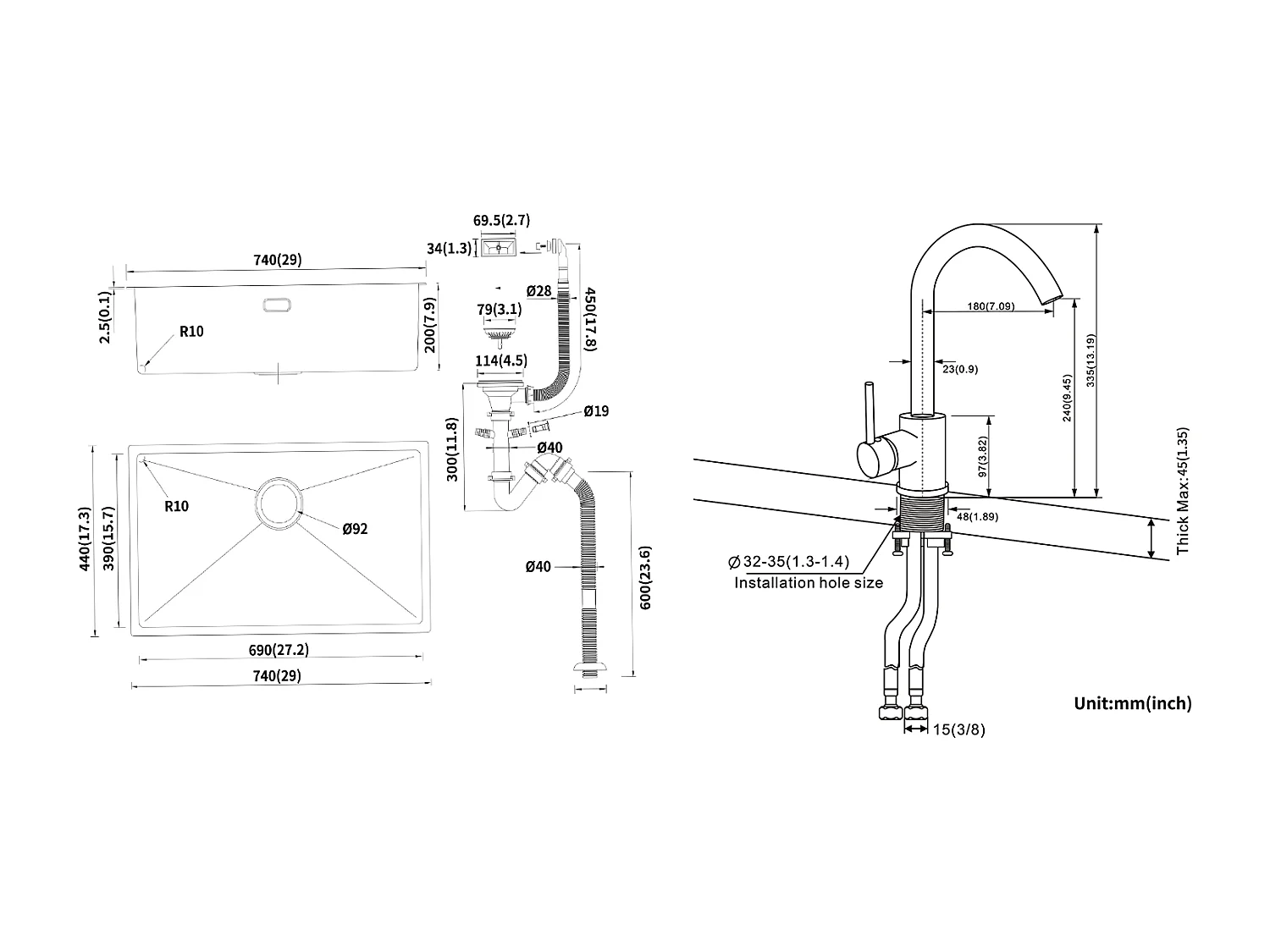 Aanrecht 1 bak 74*44*20CM, in geborsteld roestvrij staal met sifon en overloop + 360° roterende keukenkraan Warm koud water zwart met witte stippen