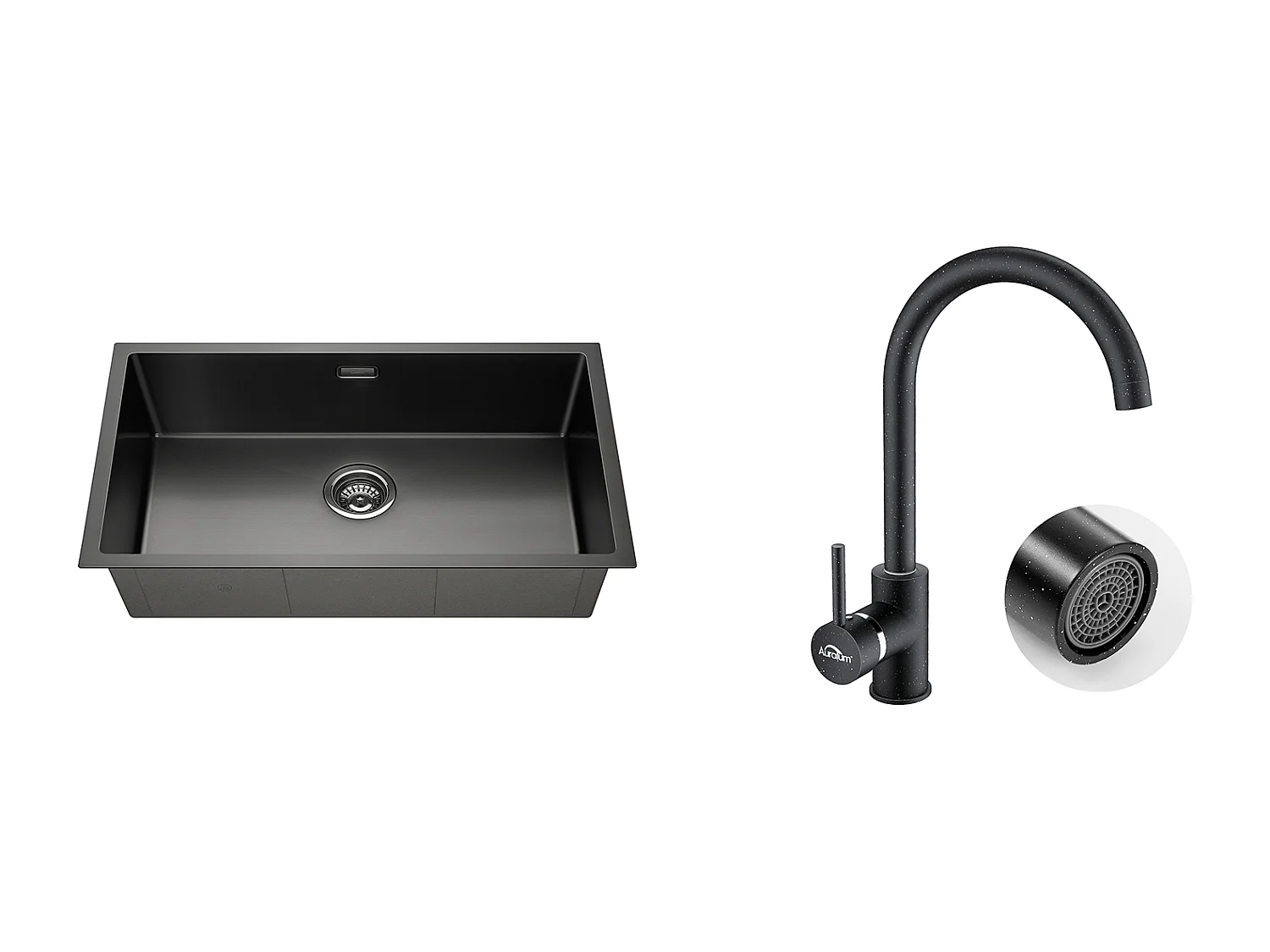 Aanrecht 1 bak 74*44*20CM, in geborsteld roestvrij staal met sifon en overloop + 360° roterende keukenkraan Warm koud water zwart met witte stippen