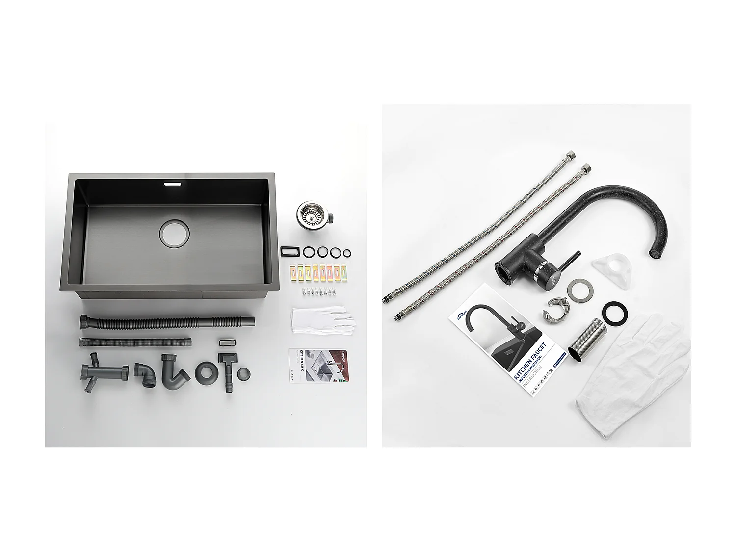 Aanrecht 1 bak 74*44*20CM, in geborsteld roestvrij staal met sifon en overloop + 360° roterende keukenkraan Warm koud water zwart met witte stippen