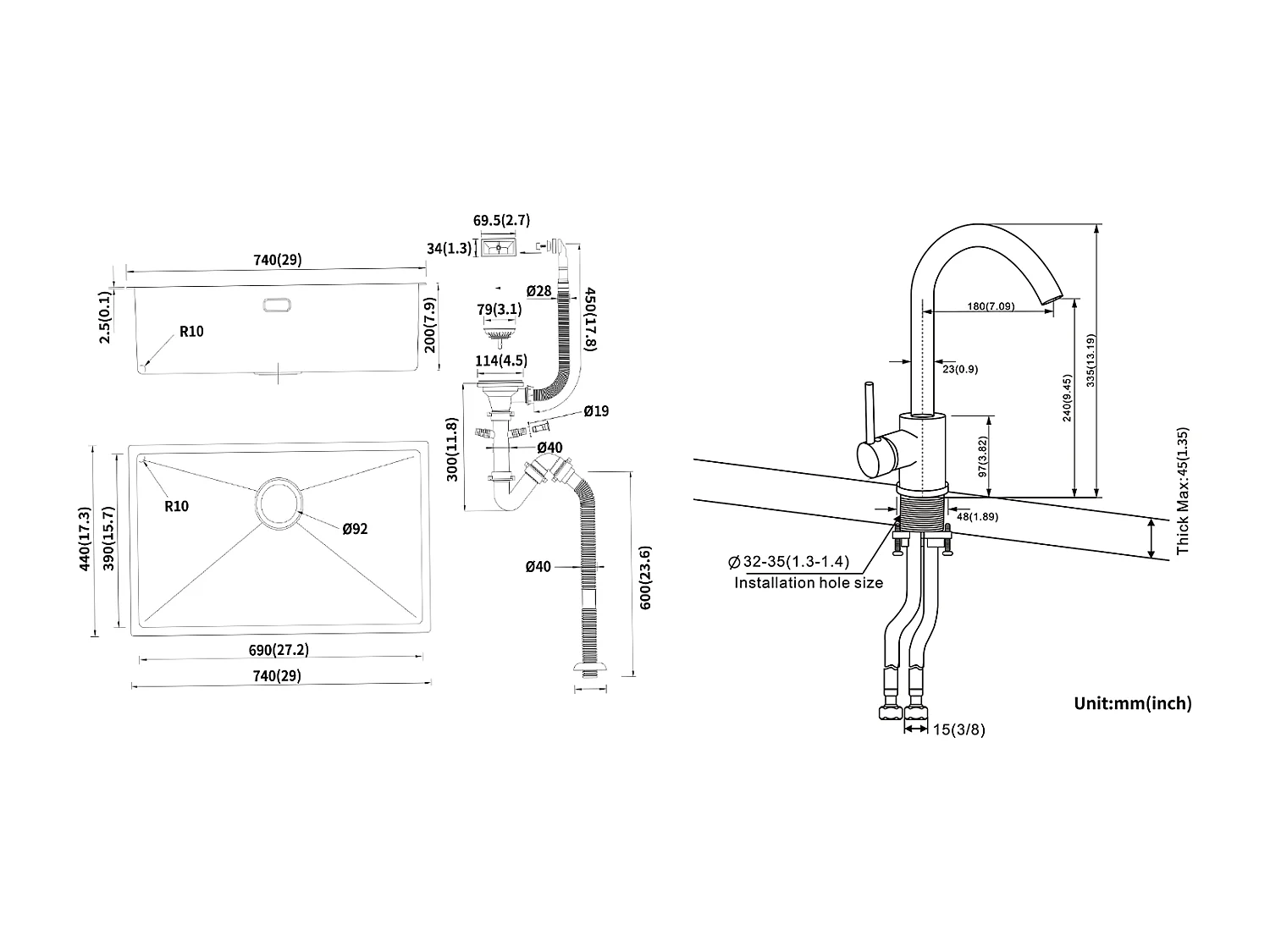 Évier Cuisine 1 Bac 74*44*20CM,en Inox Brossé avec Siphon et Trop-Pleinn+Robinet Cuisine Rotatif 360°Eau Froide Chaude Noir avec points blancs
