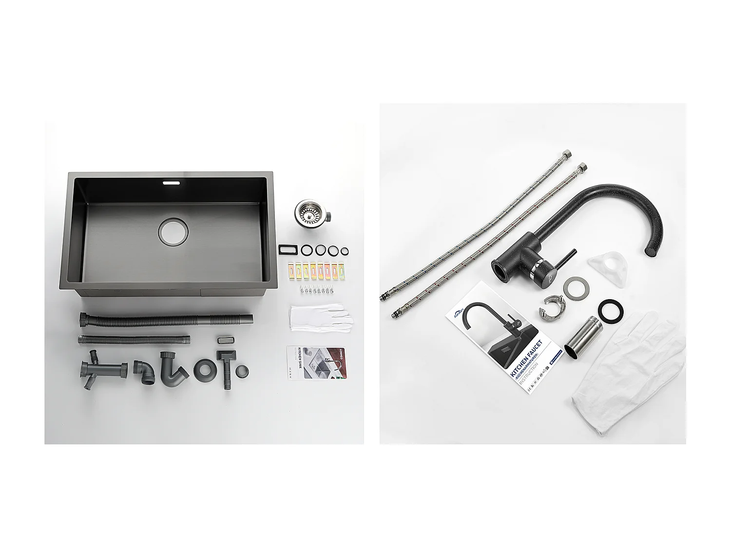 Évier Cuisine 1 Bac 74*44*20CM,en Inox Brossé avec Siphon et Trop-Pleinn+Robinet Cuisine Rotatif 360°Eau Froide Chaude Noir avec points blancs