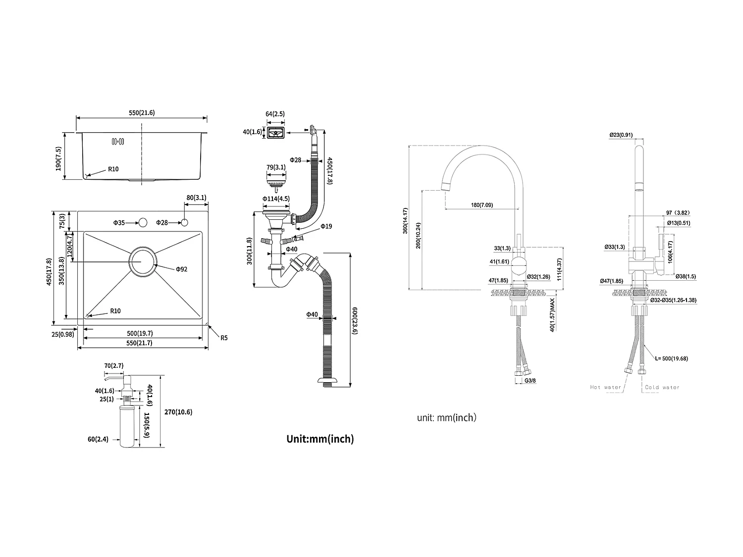Évier Cuisine 1 Bac 55*45CM Noir+ Robinet de Cuisine Chromé Pivotant à 360°  Eau Froide /Chaude