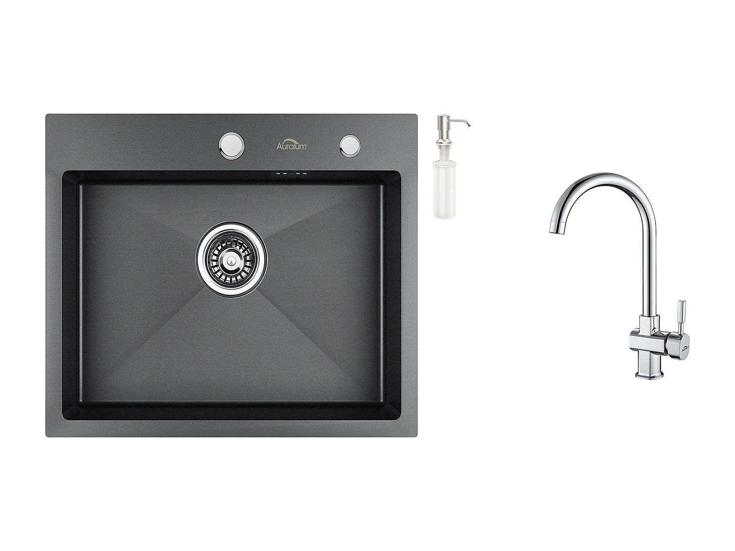 Évier Cuisine 1 Bac 55*45CM Noir+ Robinet de Cuisine Chromé Pivotant à 360°  Eau Froide /Chaude