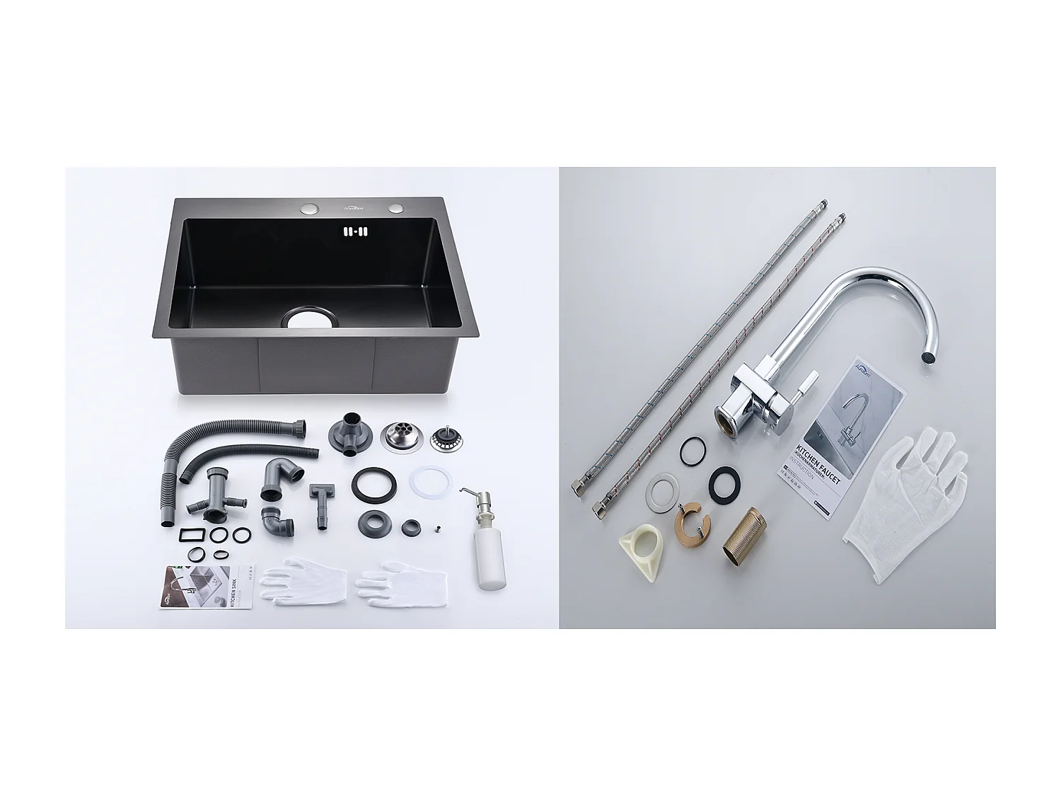 Évier Cuisine 1 Bac 55*45CM Noir+ Robinet de Cuisine Chromé Pivotant à 360°  Eau Froide /Chaude