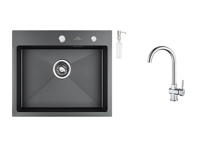 Évier Cuisine 1 Bac 55*45CM Noir+ Robinet de Cuisine Chromé Pivotant à 360°  Eau Froide /Chaude