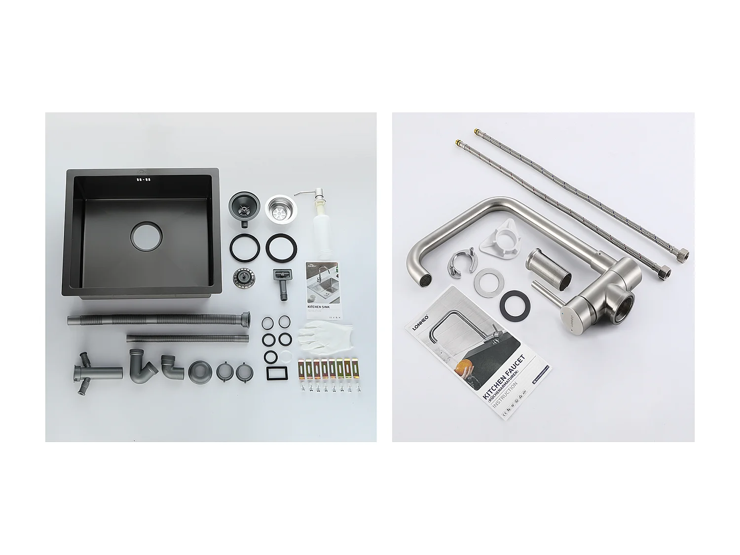 Évier Noir 1 Bac 50x43x18,5CM,Acier Inoxydable, avec Distrubuteur de savon+Mitigeur Cuisine Rabattable Pivotant 360° Eau froid Chaud