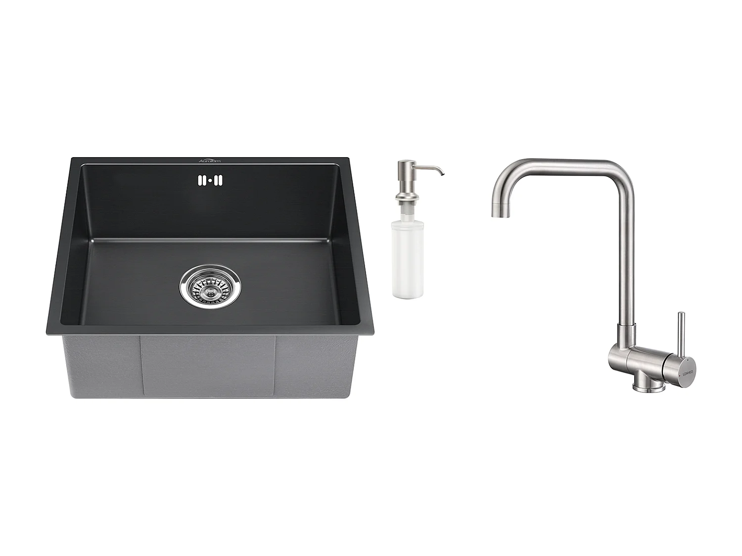 Fregadero Negro 1 Bandeja 50x43x18,5CM, Acero Inoxidable, con Distributor de Jabón+Mezclador Cocina Plegable Giratorio 360° Agua Fría Caliente