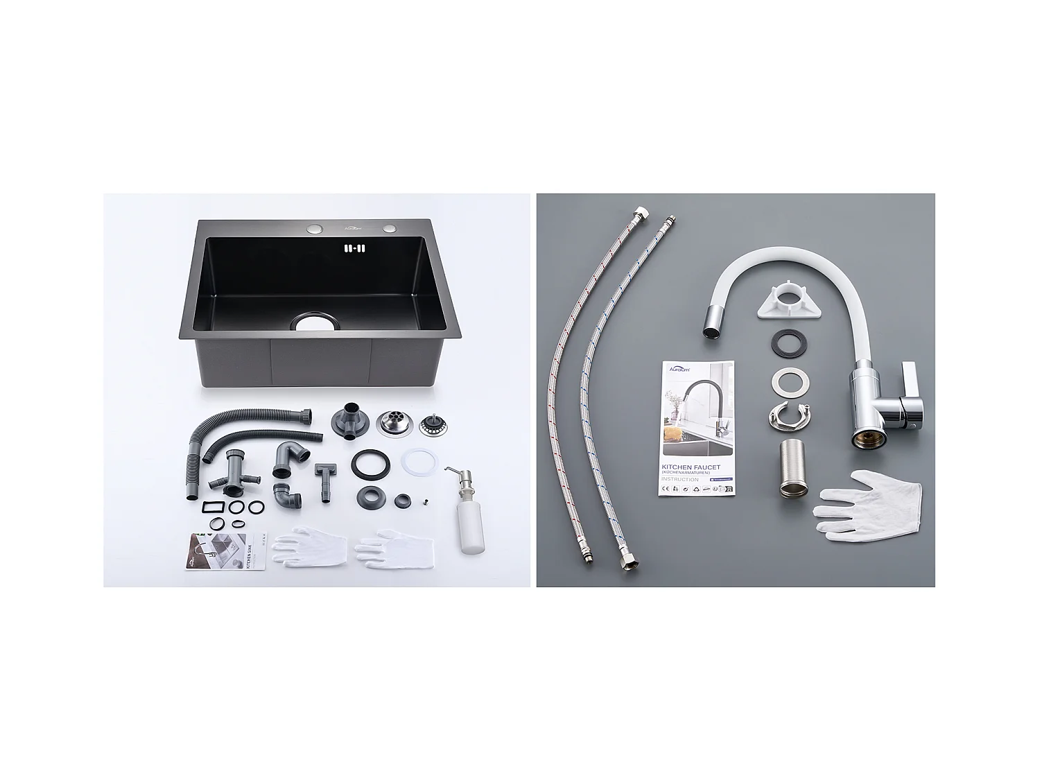 Évier Cuisine 1 Bac 55*45CM Noir+Robinet de Cuisine Flexible Bec Haut Orientable Librement Mitigeur Évier Laiton Eau Chaude et Froide Blanc