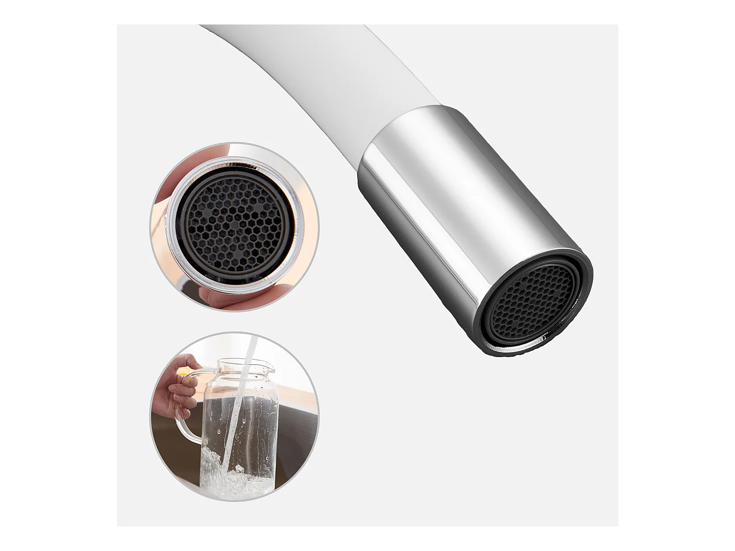 Évier Cuisine 1 Bac 55*45CM Noir+Robinet de Cuisine Flexible Bec Haut Orientable Librement Mitigeur Évier Laiton Eau Chaude et Froide Blanc